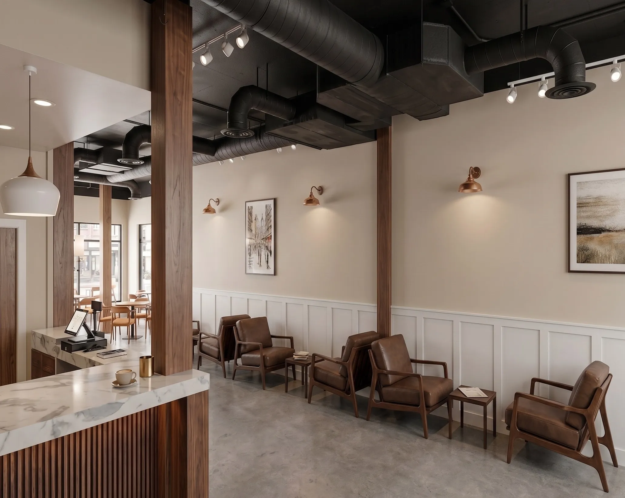 The Bayit Brew lounge — leather armchairs along a wainscoted wall under copper sconces, with the service bar in the foreground.